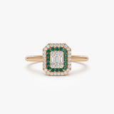 14k Baguette and Round Emerald Ring with Halo Setting - GeumJewels