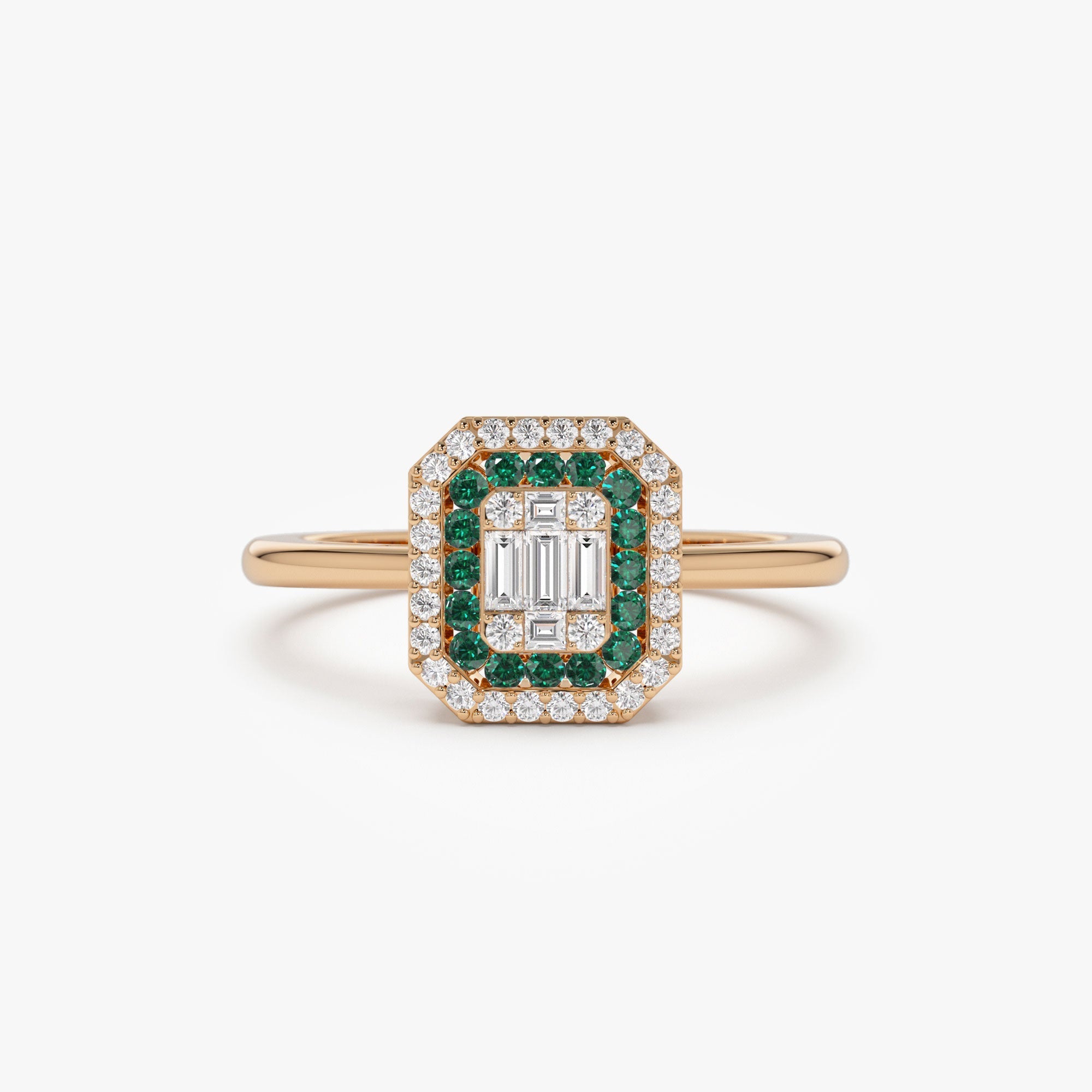 14k Baguette and Round Emerald Ring with Halo Setting - GeumJewels