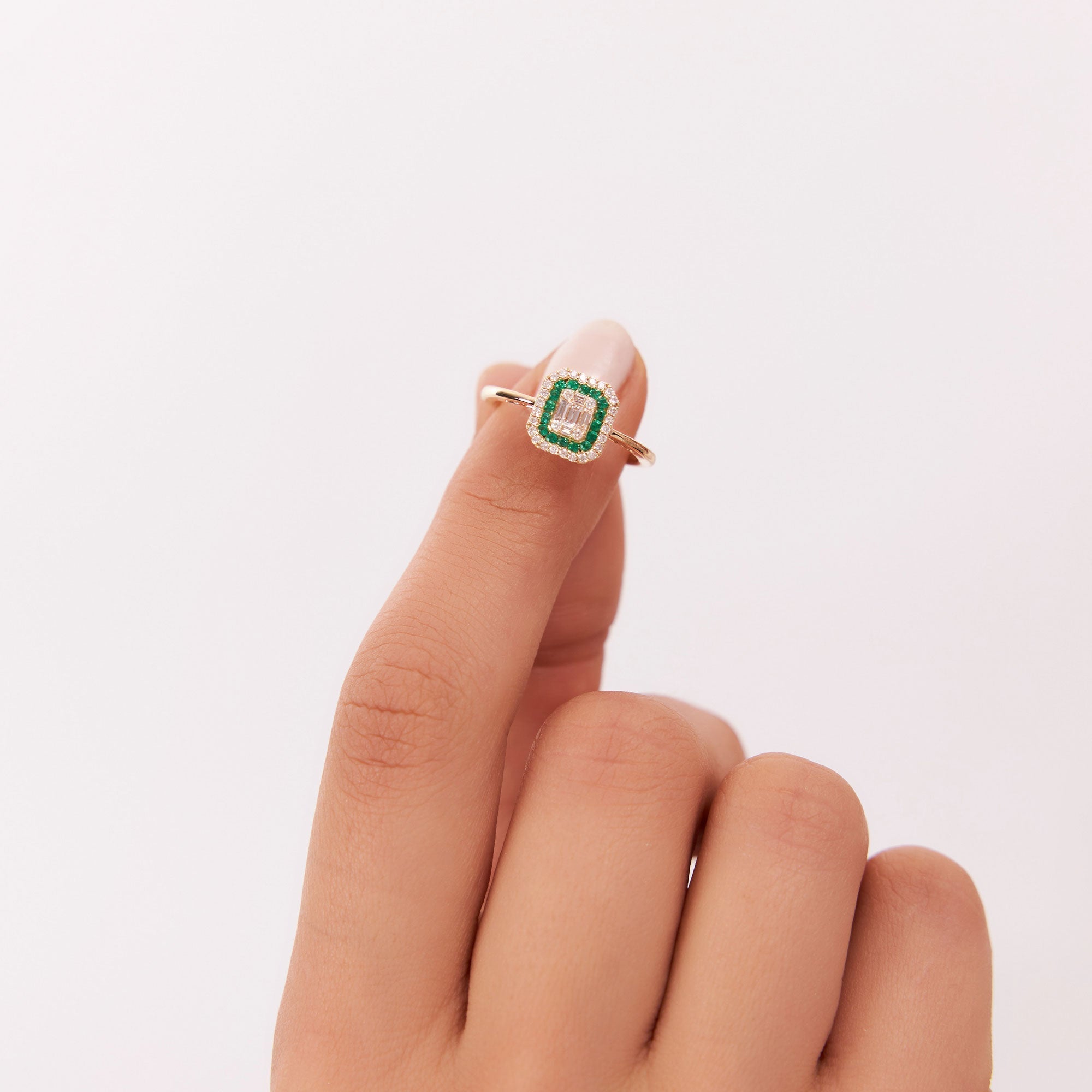 14k Baguette and Round Emerald Ring with Halo Setting - GeumJewels