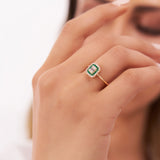 14k Baguette and Round Emerald Ring with Halo Setting - GeumJewels