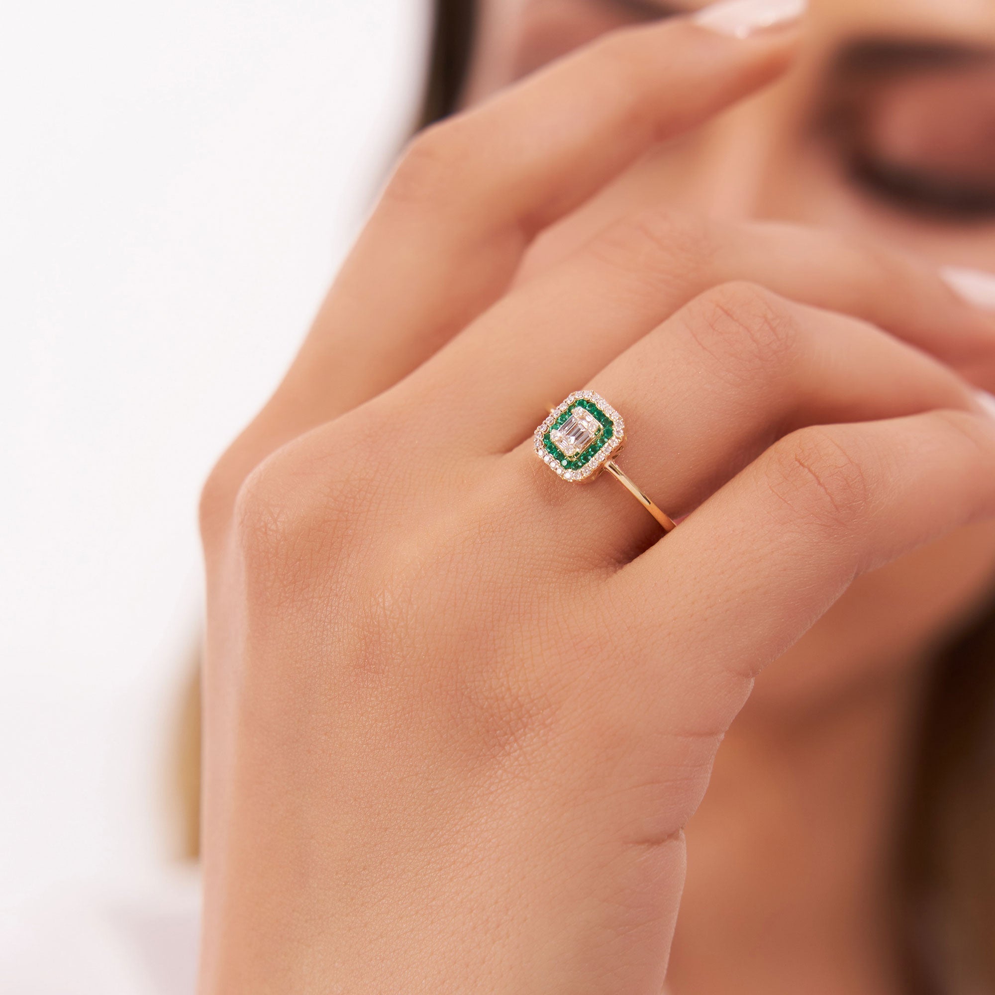 14k Baguette and Round Emerald Ring with Halo Setting - GeumJewels