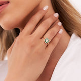 14k Baguette and Round Emerald Ring with Halo Setting - GeumJewels