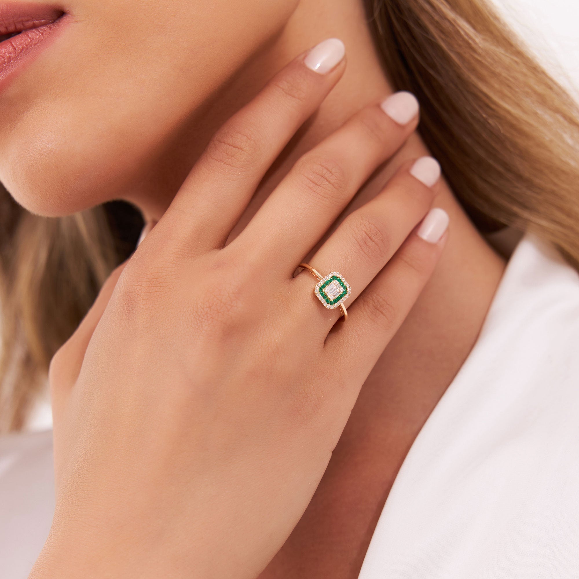 14k Baguette and Round Emerald Ring with Halo Setting - GeumJewels