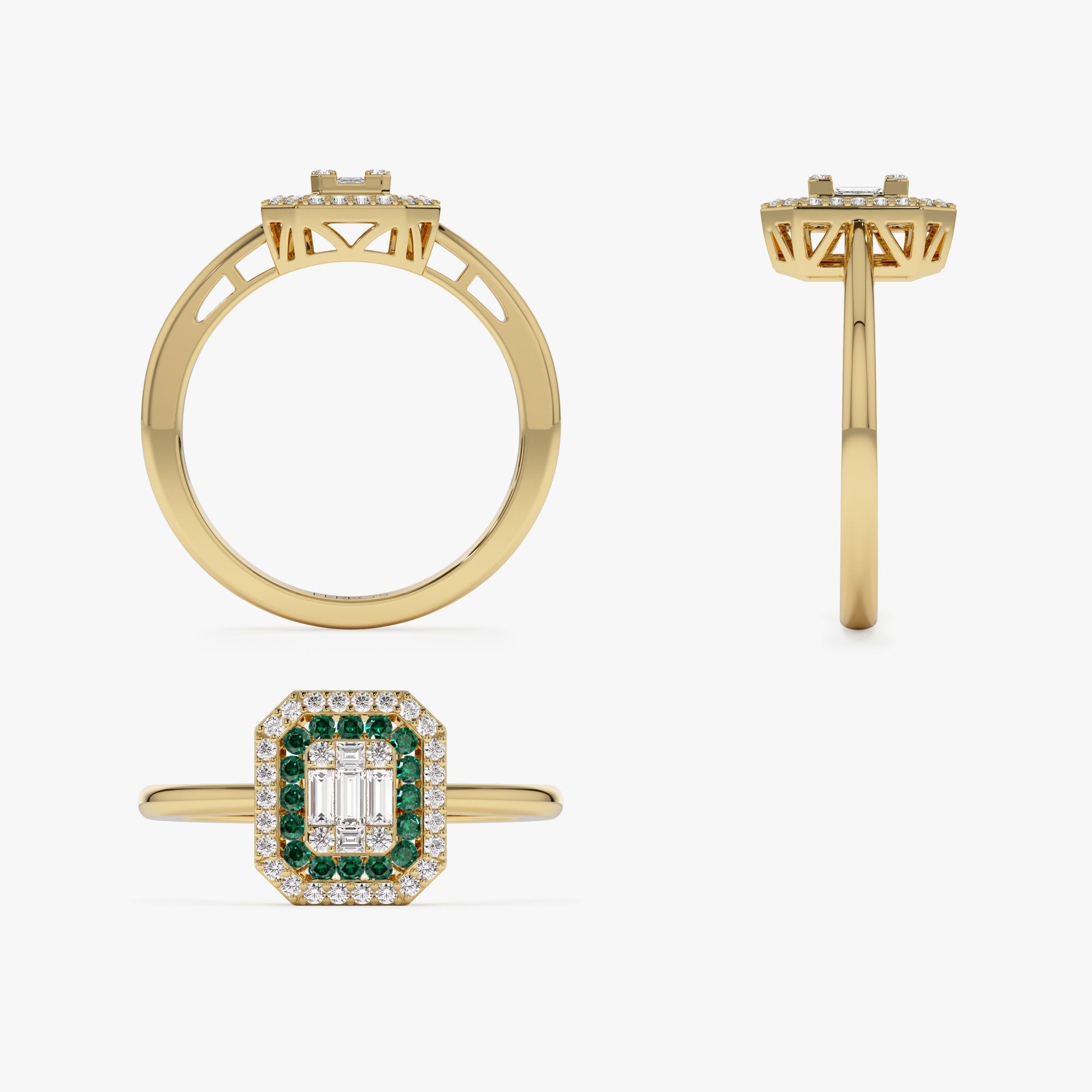14k Baguette and Round Emerald Ring with Halo Setting - GeumJewels