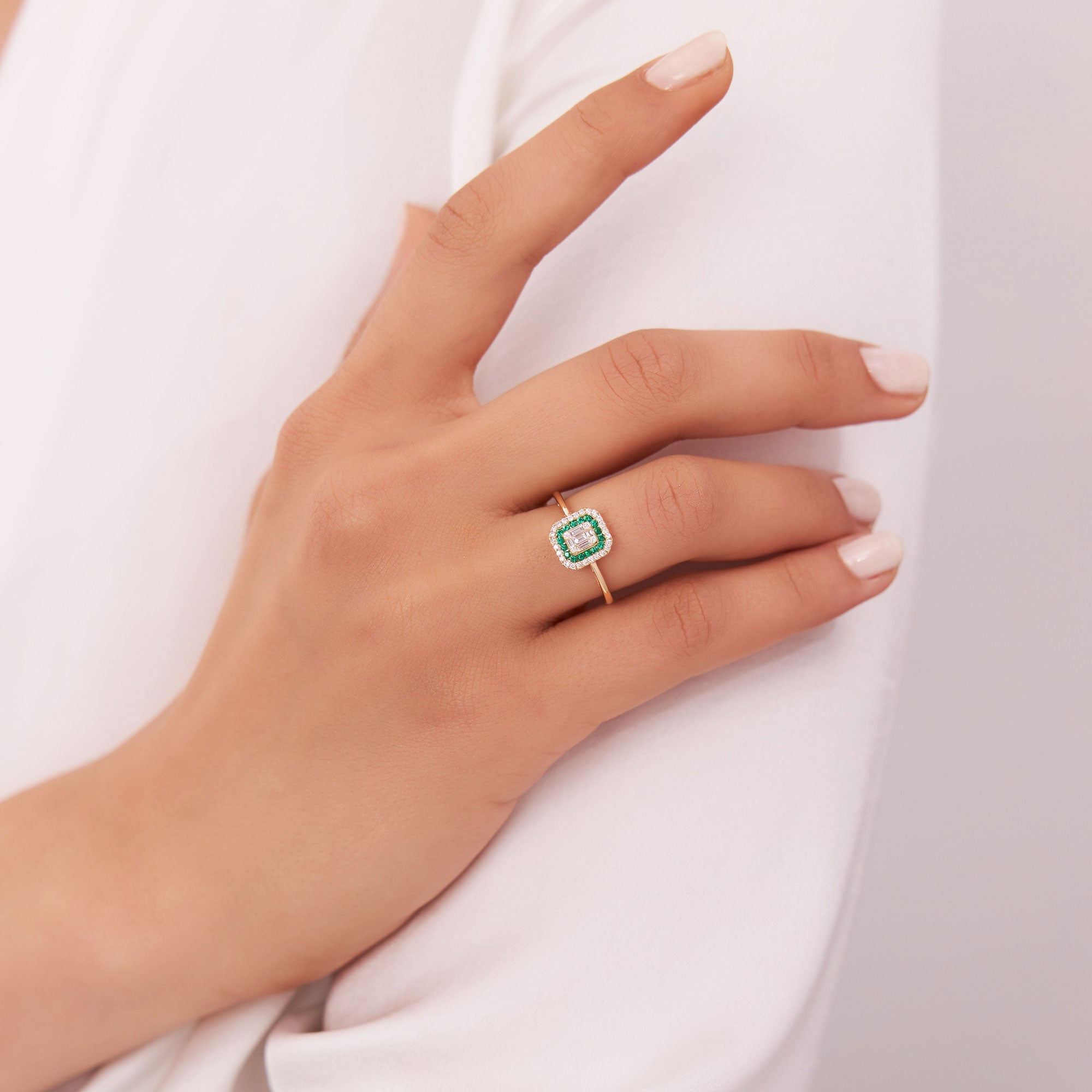 14k Baguette and Round Emerald Ring with Halo Setting - GeumJewels