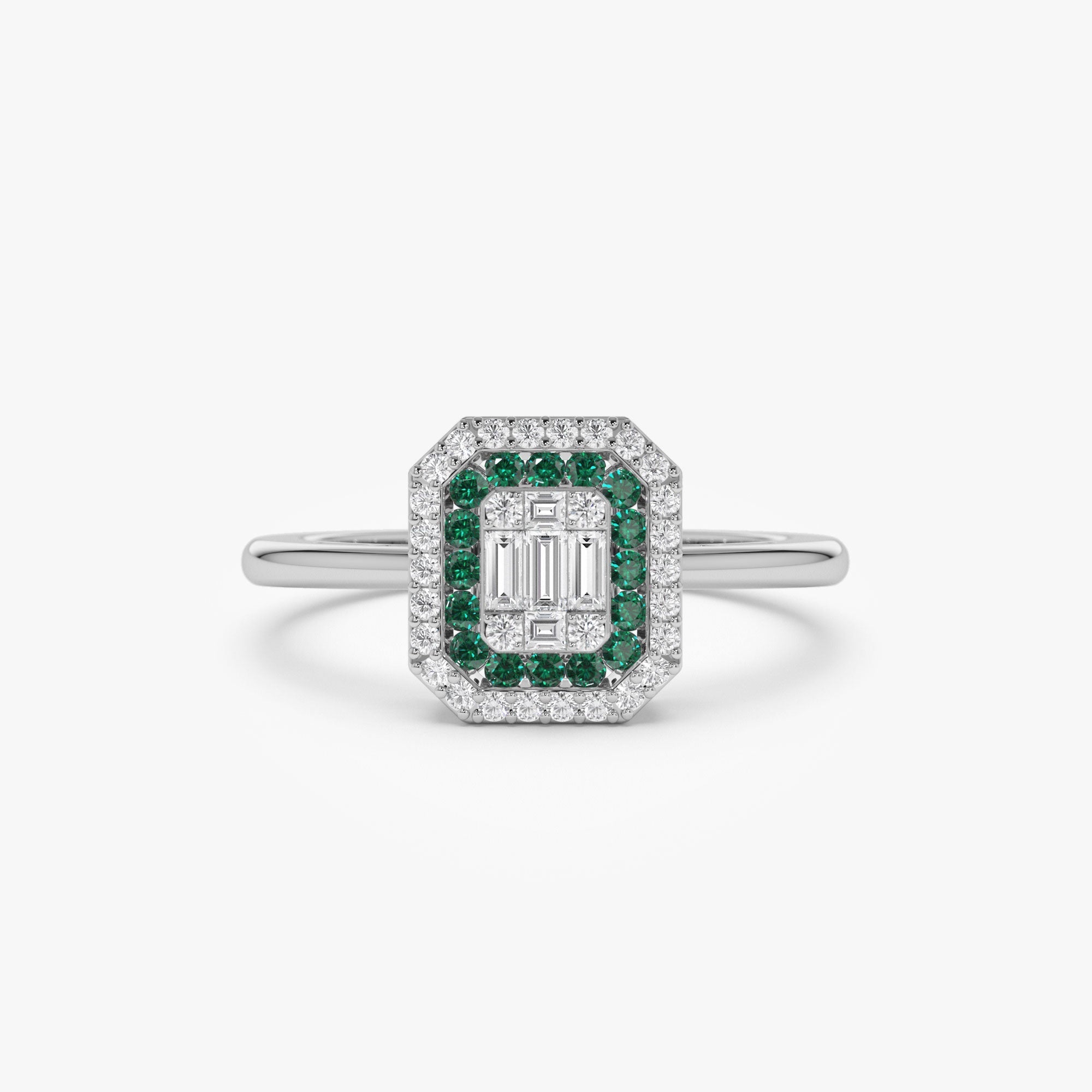14k Baguette and Round Emerald Ring with Halo Setting - GeumJewels