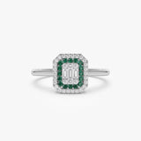14k Baguette and Round Emerald Ring with Halo Setting - GeumJewels