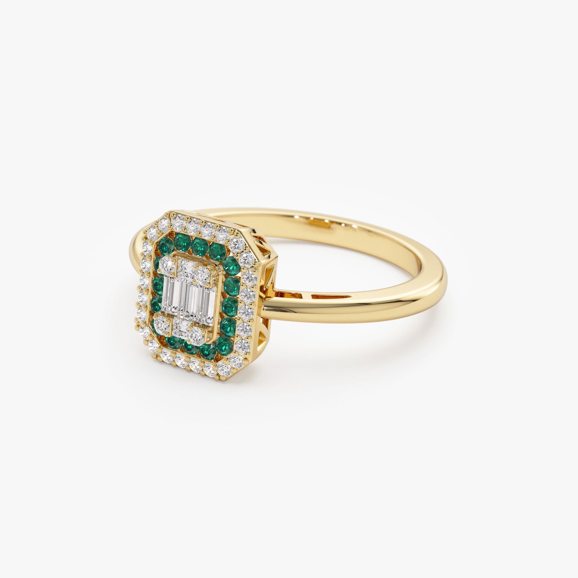 14k Baguette and Round Emerald Ring with Halo Setting - GeumJewels