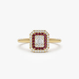 14k Baguette and Round Ruby Ring with Halo Setting - GeumJewels