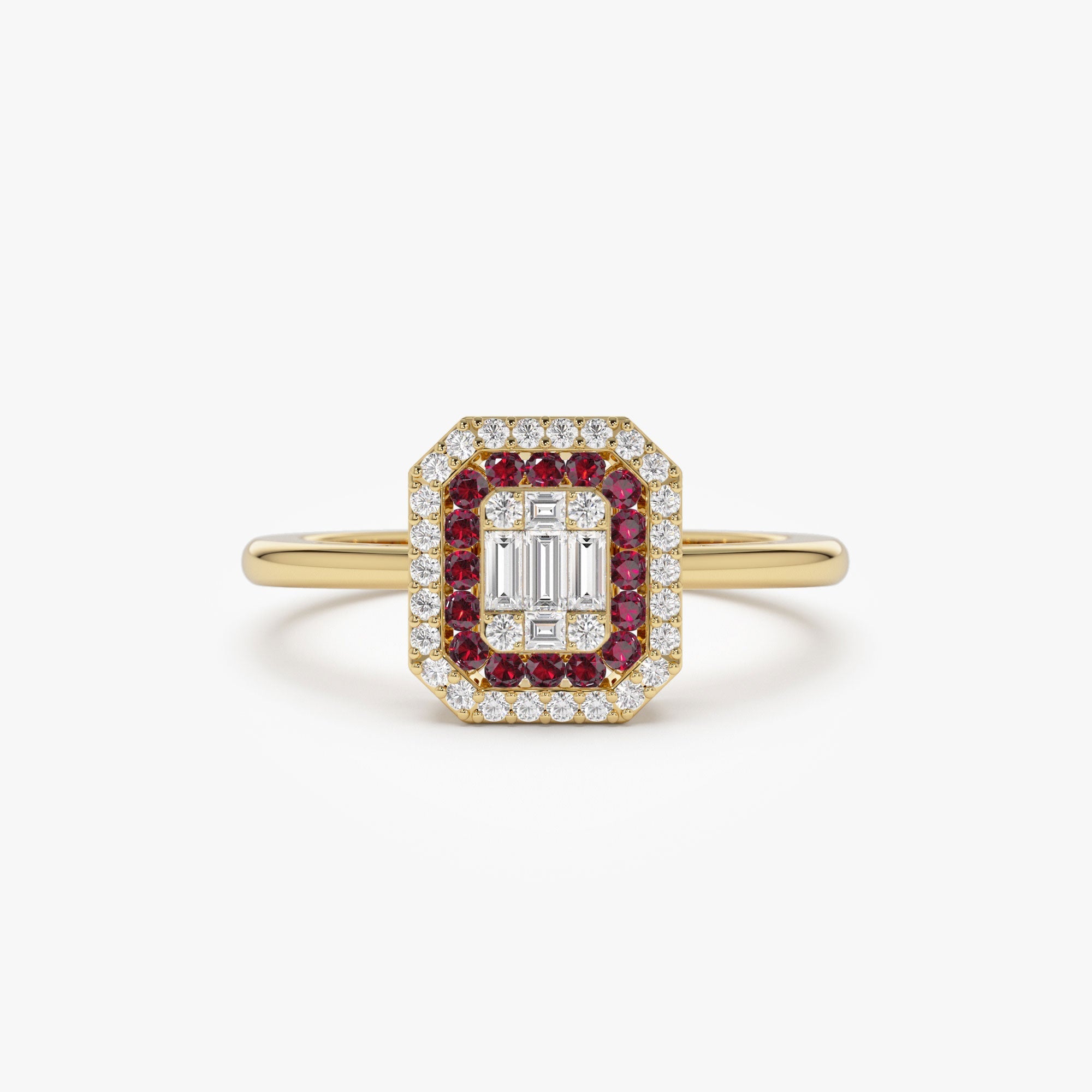 14k Baguette and Round Ruby Ring with Halo Setting - GeumJewels