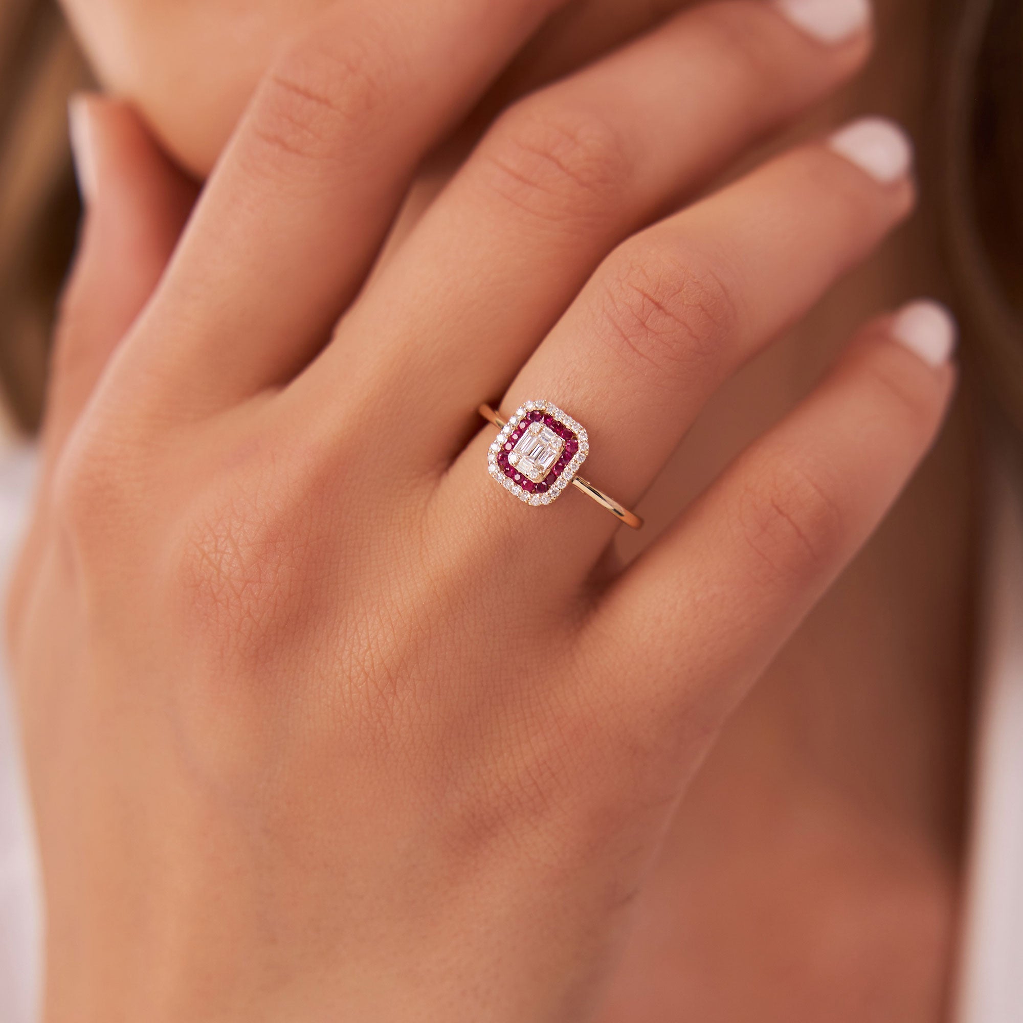 14k Baguette and Round Ruby Ring with Halo Setting - GeumJewels