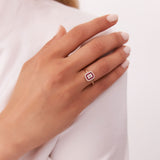 14k Baguette and Round Ruby Ring with Halo Setting - GeumJewels