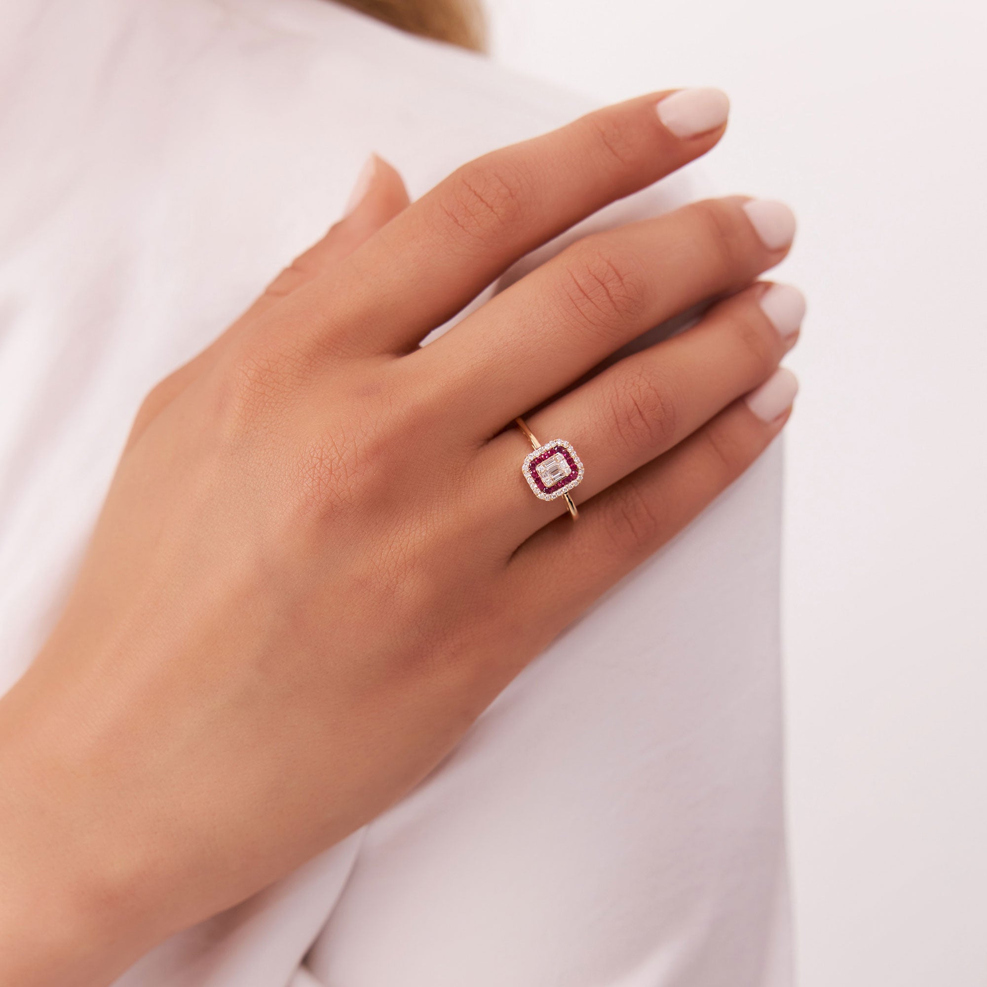 14k Baguette and Round Ruby Ring with Halo Setting - GeumJewels