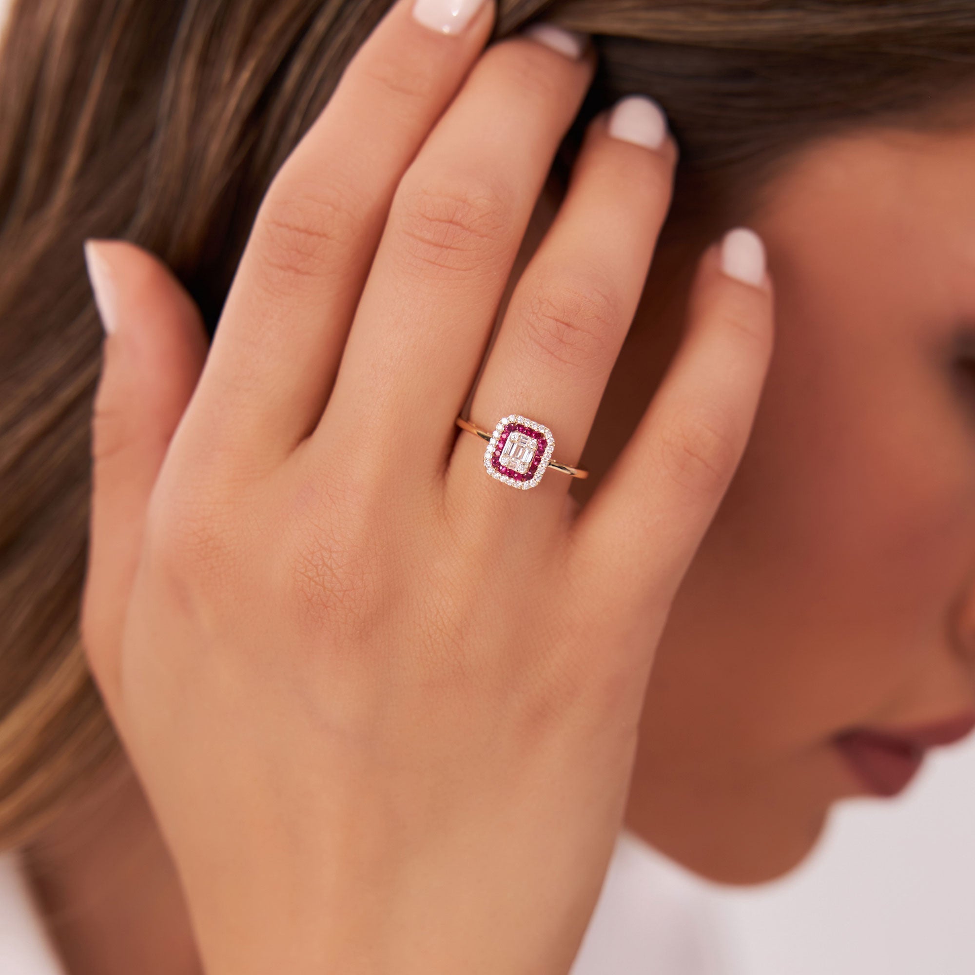 14k Baguette and Round Ruby Ring with Halo Setting - GeumJewels