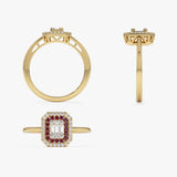 14k Baguette and Round Ruby Ring with Halo Setting - GeumJewels