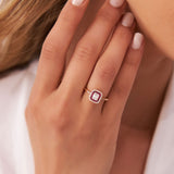 14k Baguette and Round Ruby Ring with Halo Setting - GeumJewels