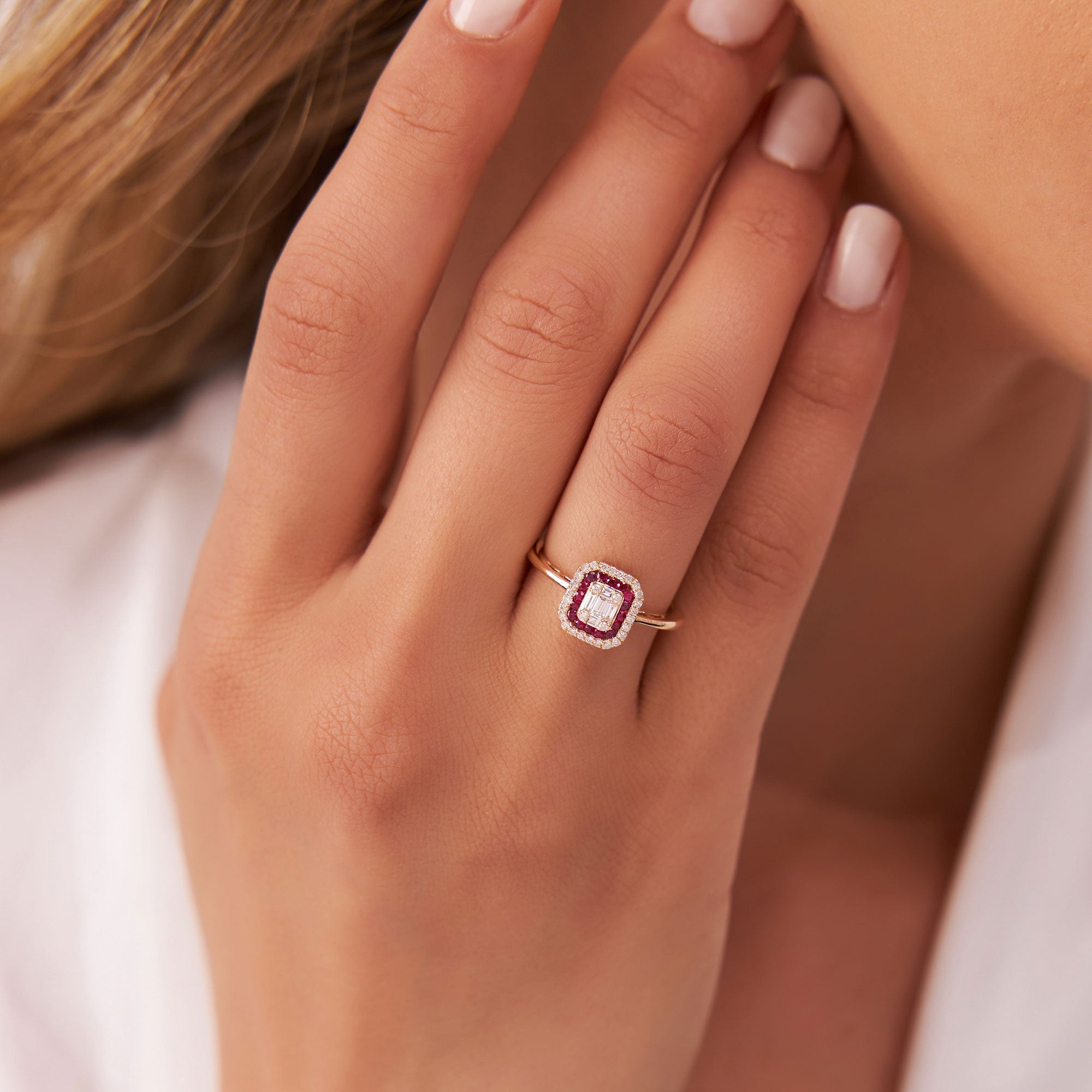 14k Baguette and Round Ruby Ring with Halo Setting - GeumJewels