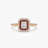 14k Baguette and Round Ruby Ring with Halo Setting - GeumJewels