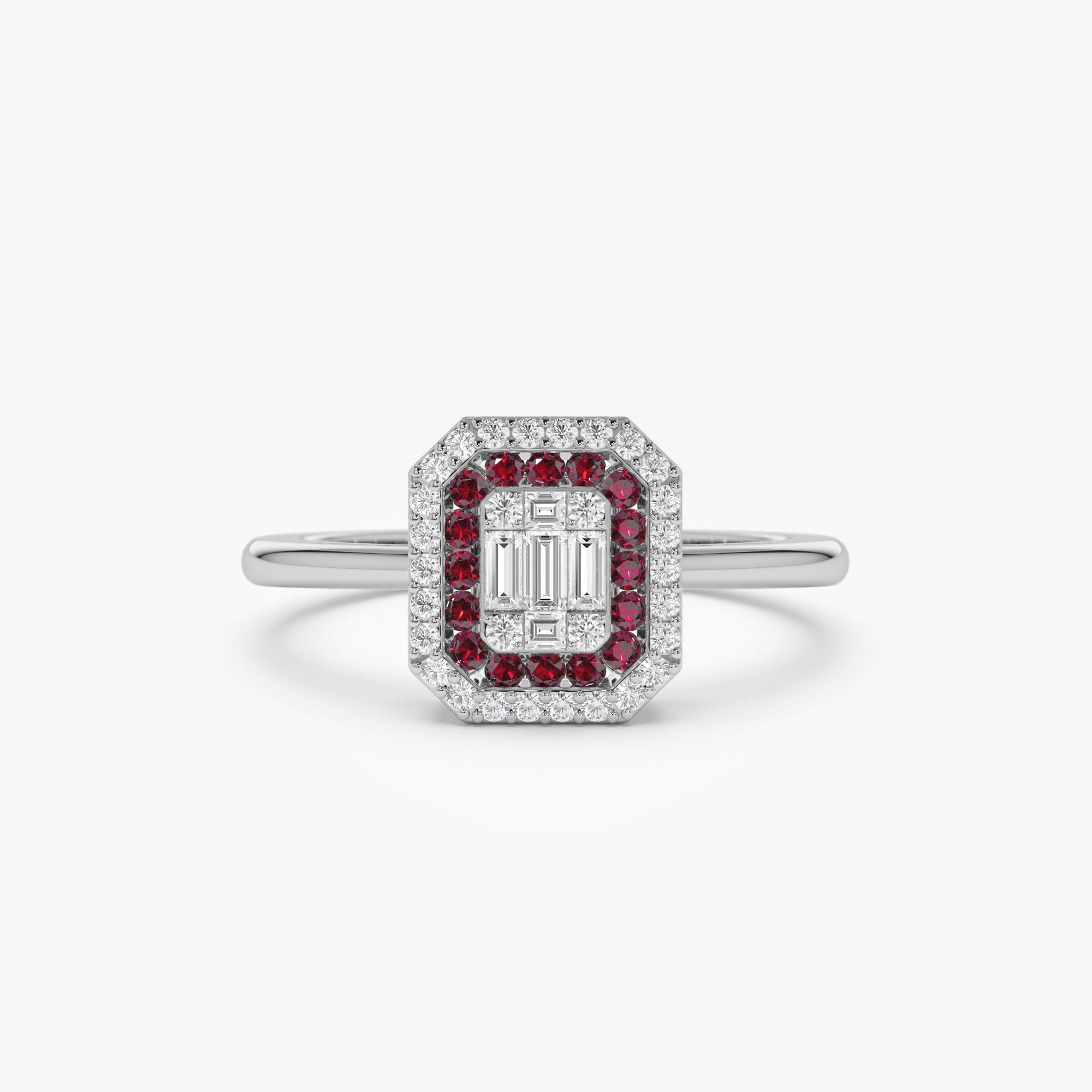 14k Baguette and Round Ruby Ring with Halo Setting - GeumJewels