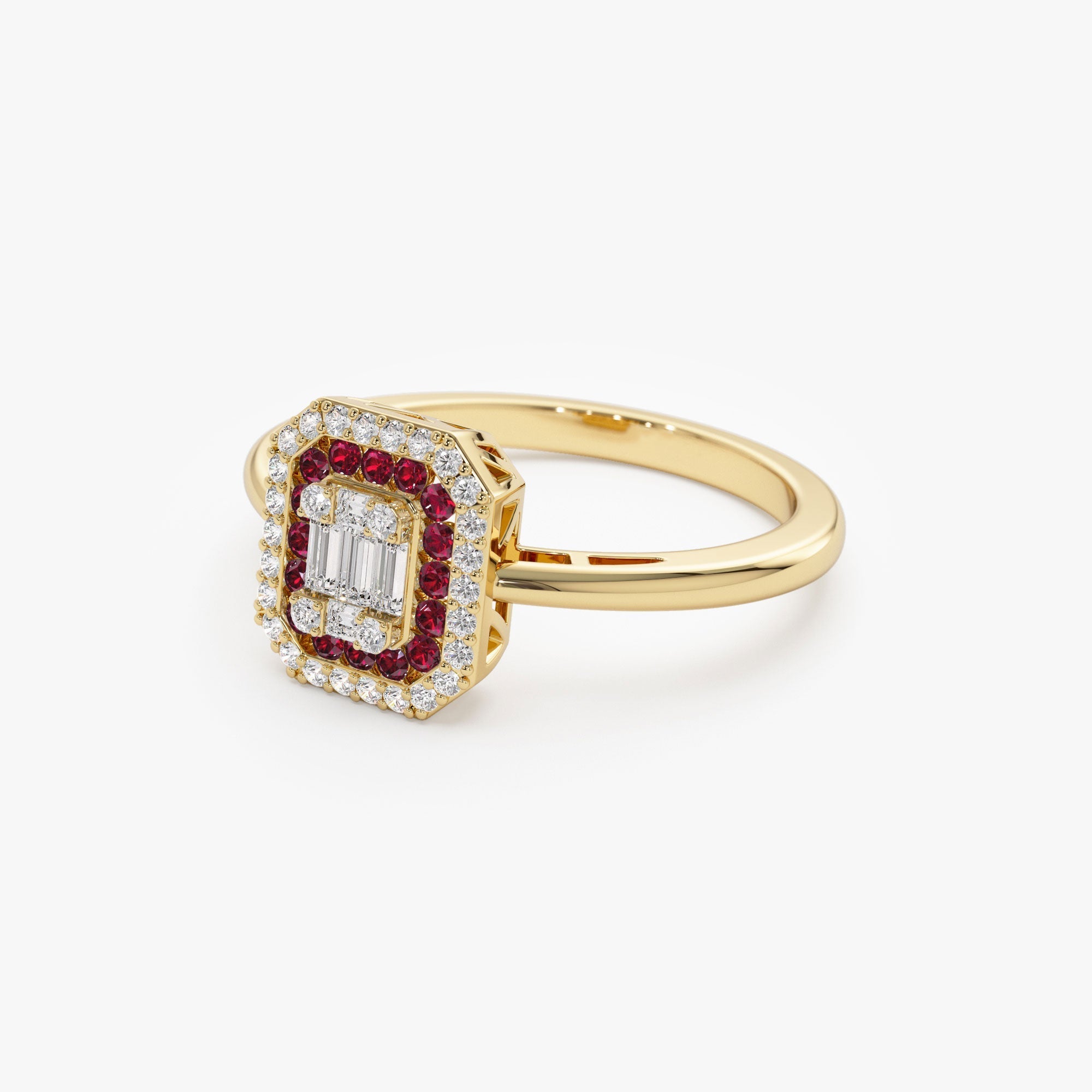 14k Baguette and Round Ruby Ring with Halo Setting - GeumJewels
