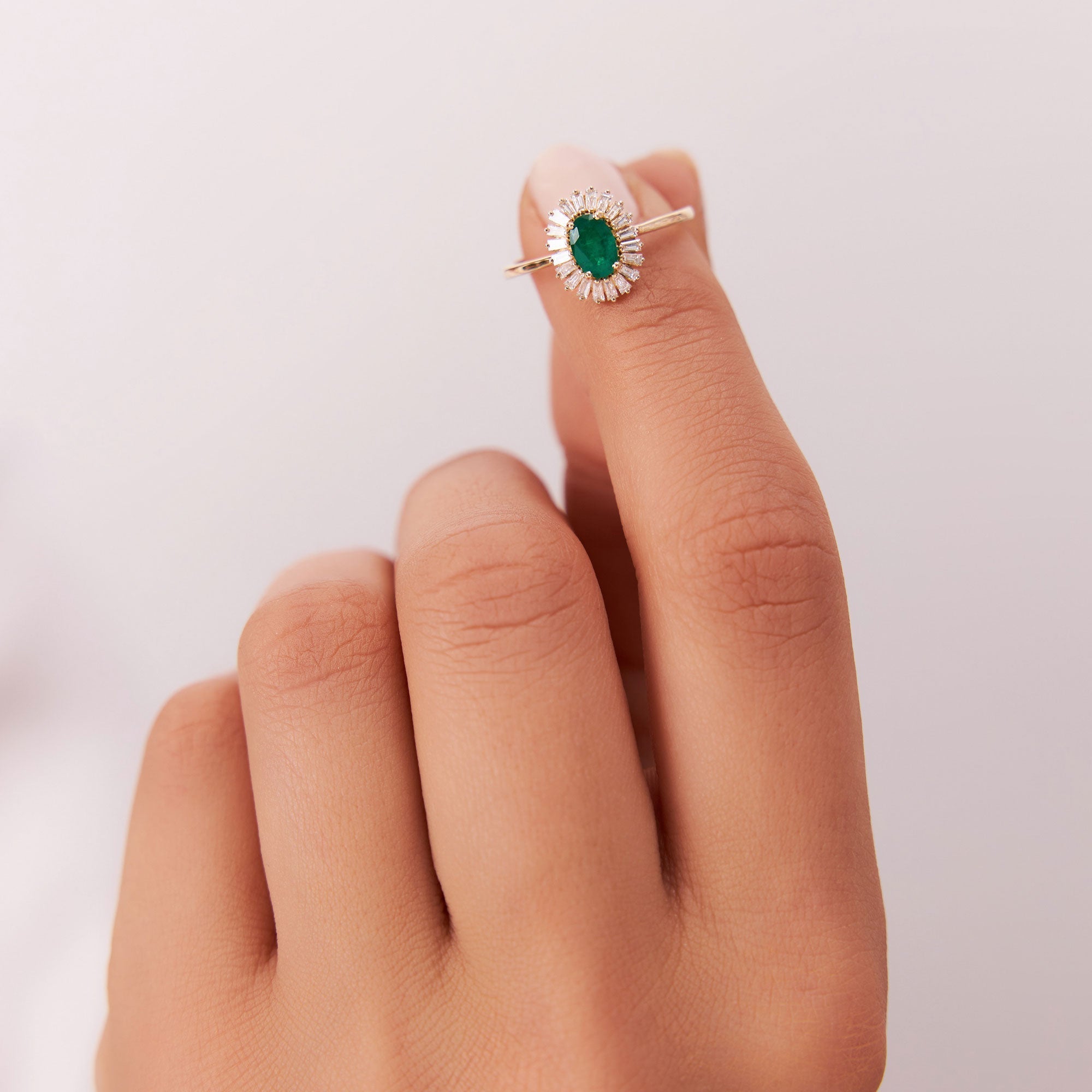 14k Baguette Diamond Ballerina Oval Emerald Ring - GeumJewels