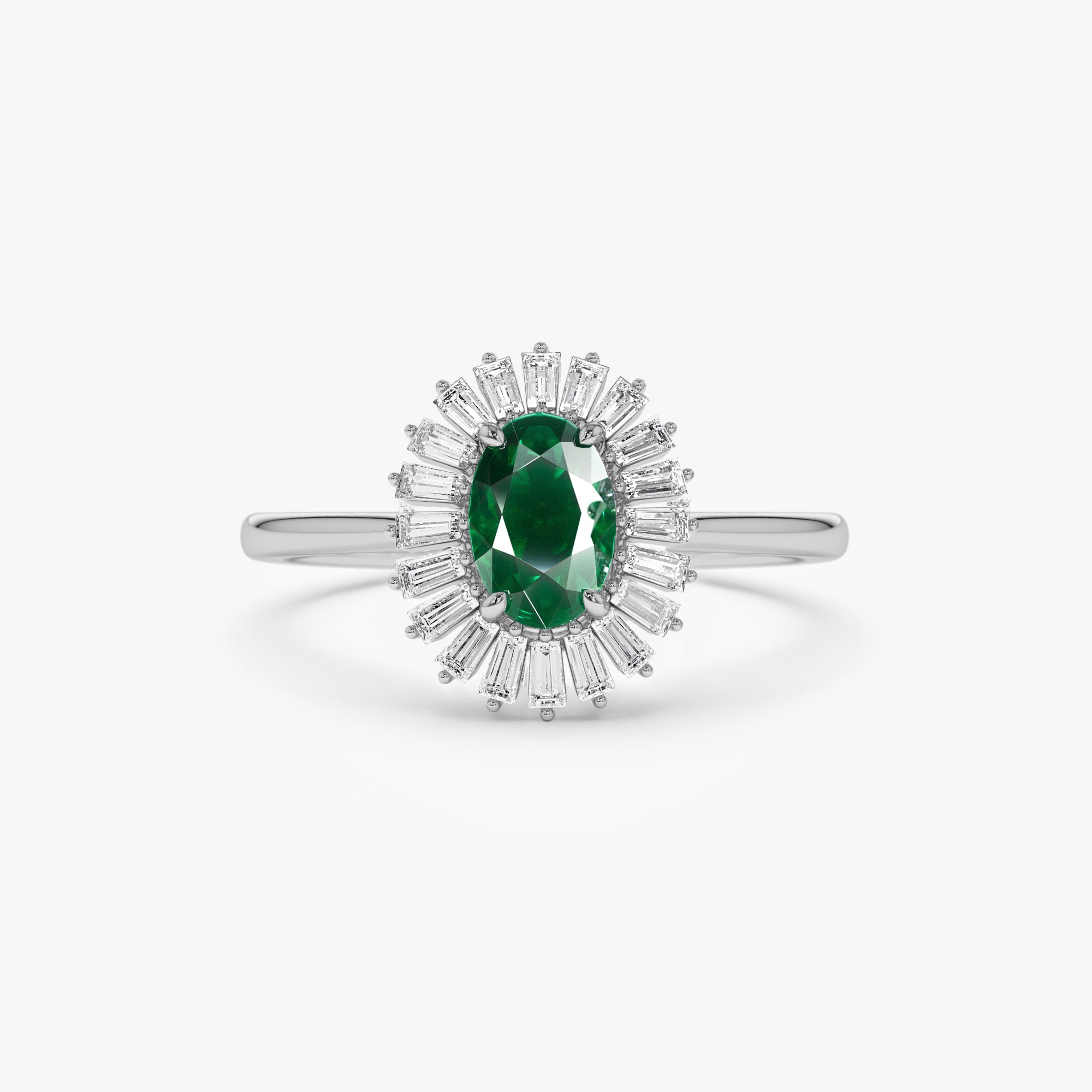 14k Baguette Diamond Ballerina Oval Emerald Ring - GeumJewels