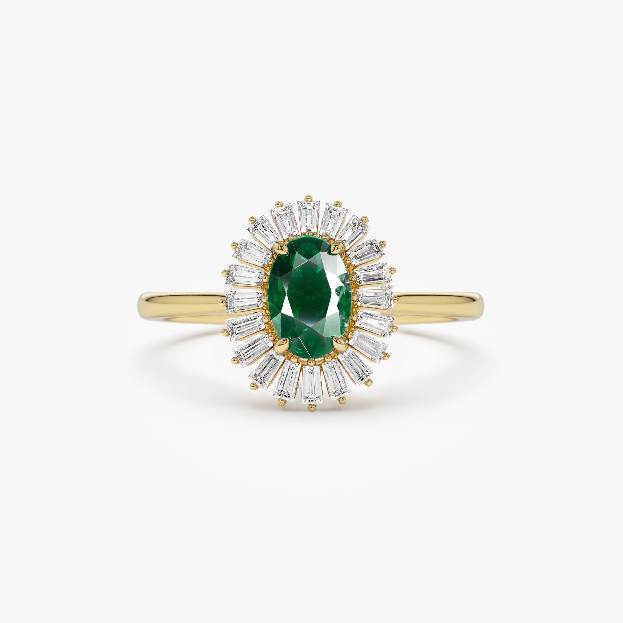 14k Baguette Diamond Ballerina Oval Emerald Ring - GeumJewels