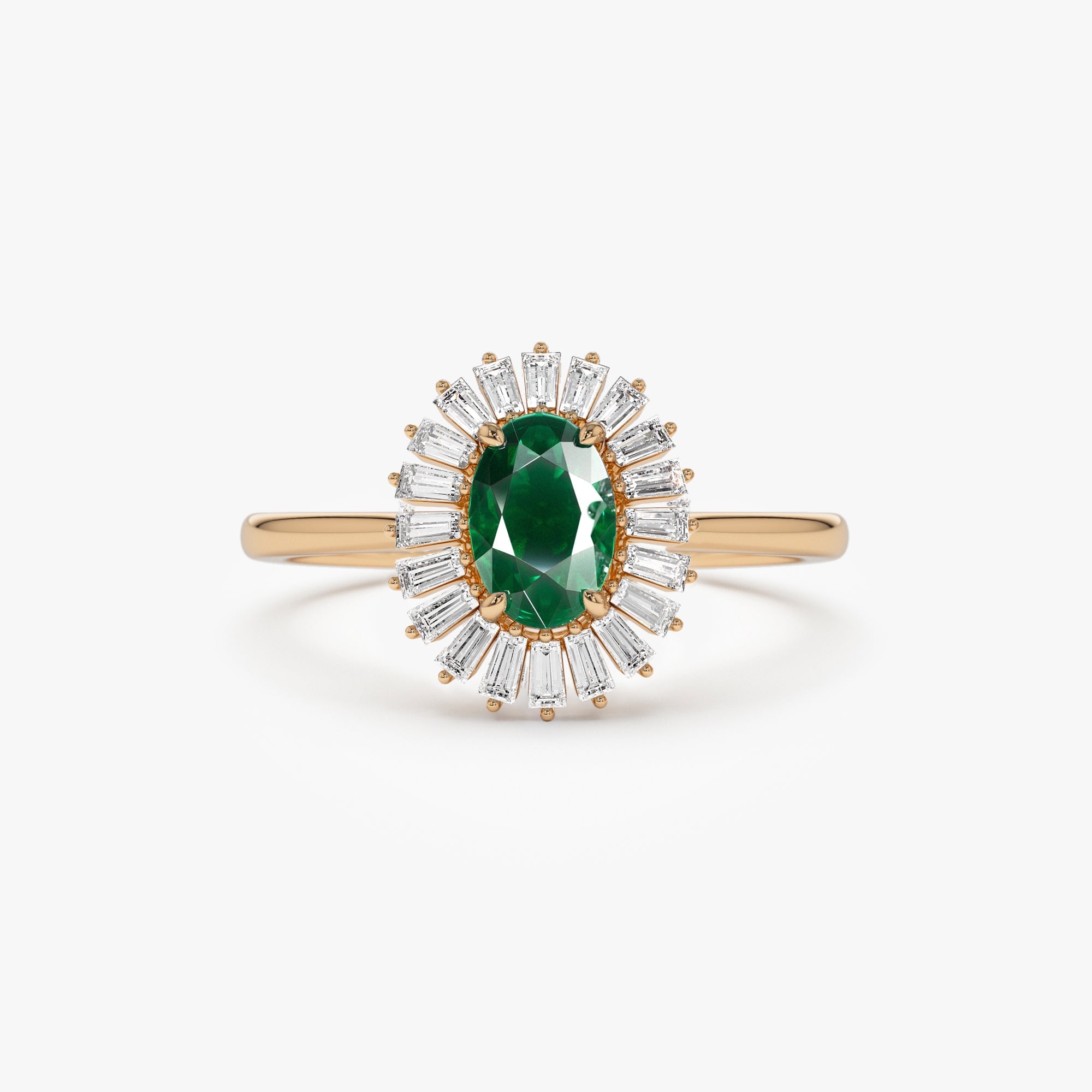 14k Baguette Diamond Ballerina Oval Emerald Ring - GeumJewels