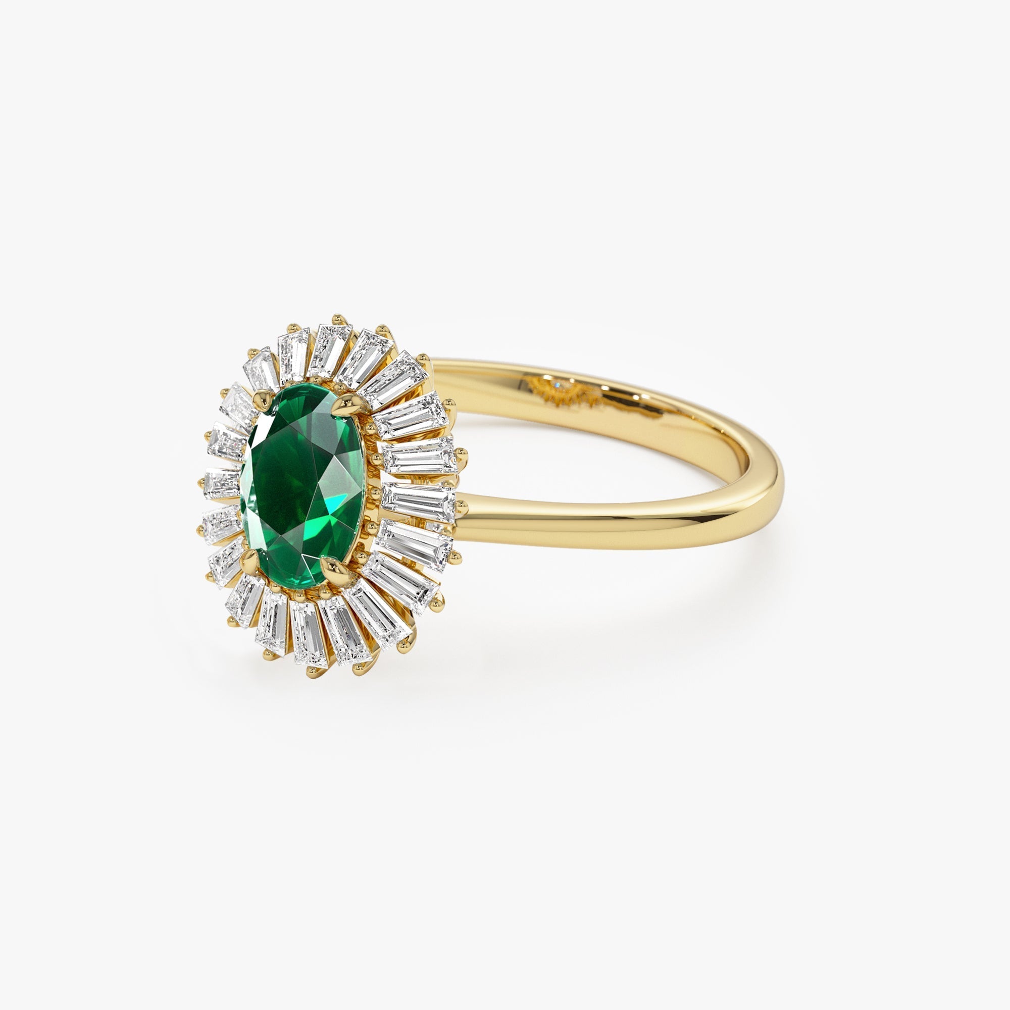 14k Baguette Diamond Ballerina Oval Emerald Ring - GeumJewels