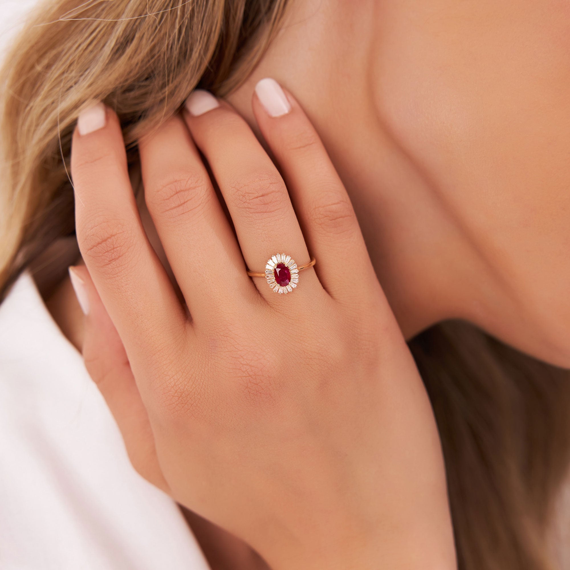 14k Baguette Diamond Ballerina Oval Ruby Ring - GeumJewels