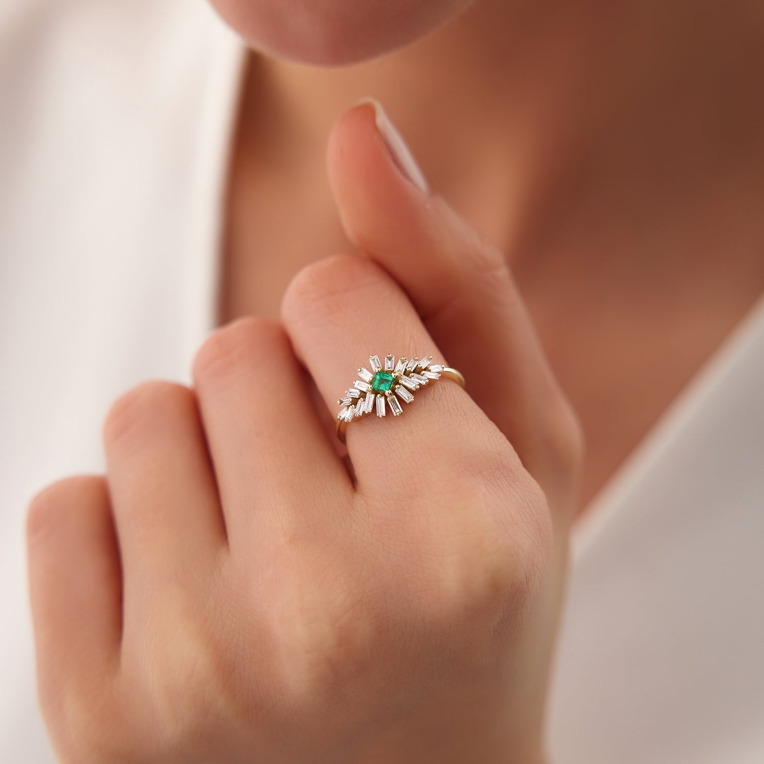 14K Baguette Diamond Ring with a Square Emerald - GeumJewels