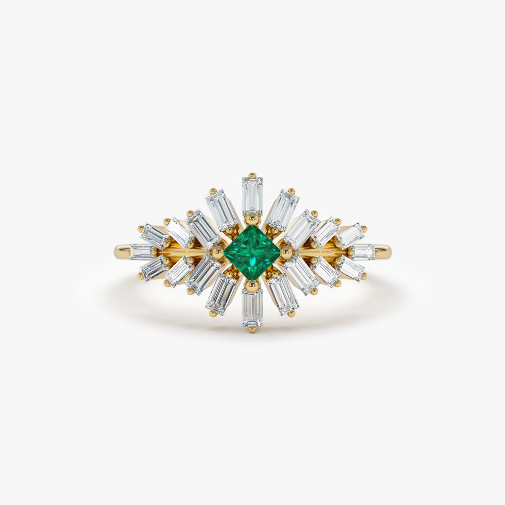 14K Baguette Diamond Ring with a Square Emerald - GeumJewels