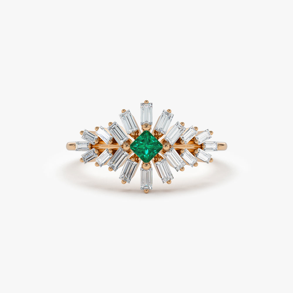 14K Baguette Diamond Ring with a Square Emerald - GeumJewels