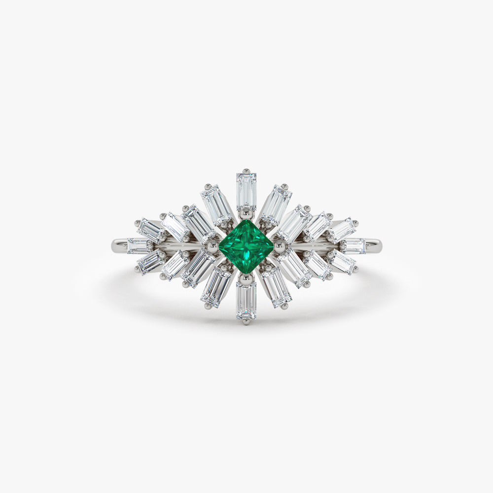 14K Baguette Diamond Ring with a Square Emerald - GeumJewels
