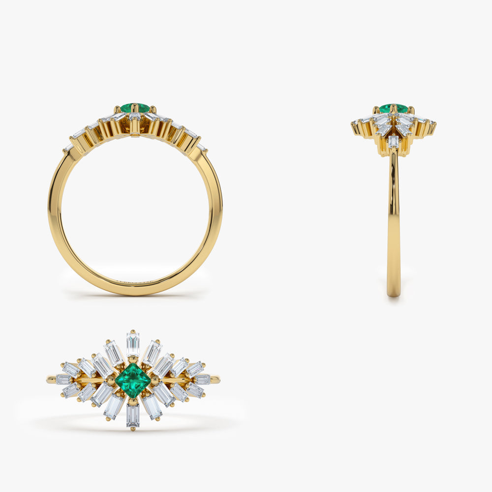 14K Baguette Diamond Ring with a Square Emerald - GeumJewels