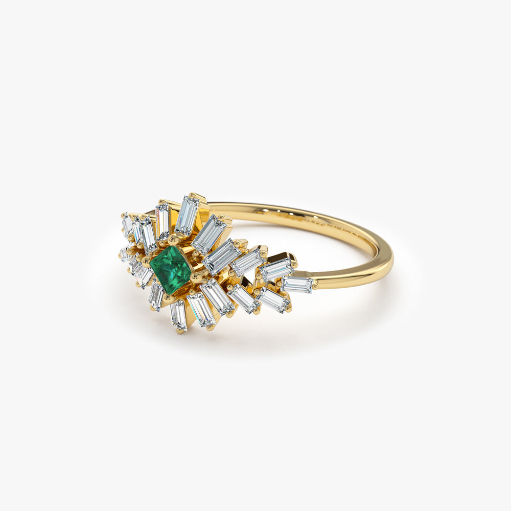 14K Baguette Diamond Ring with a Square Emerald - GeumJewels