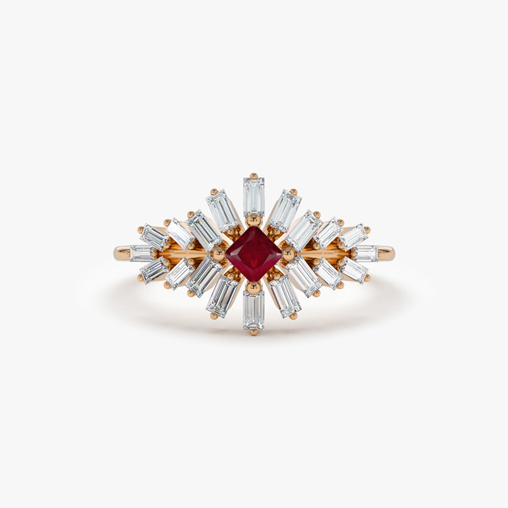 14K Baguette Diamond Ring with a Square Ruby - GeumJewels