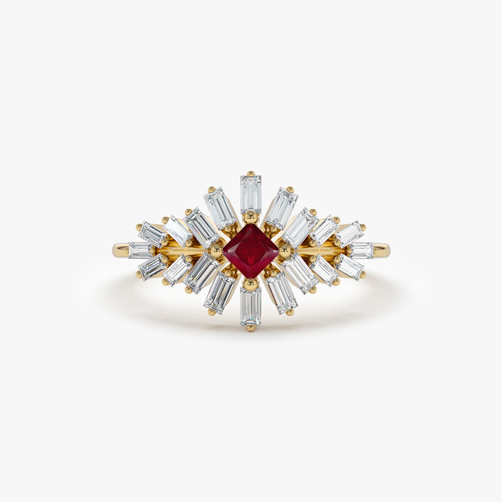 14K Baguette Diamond Ring with a Square Ruby - GeumJewels