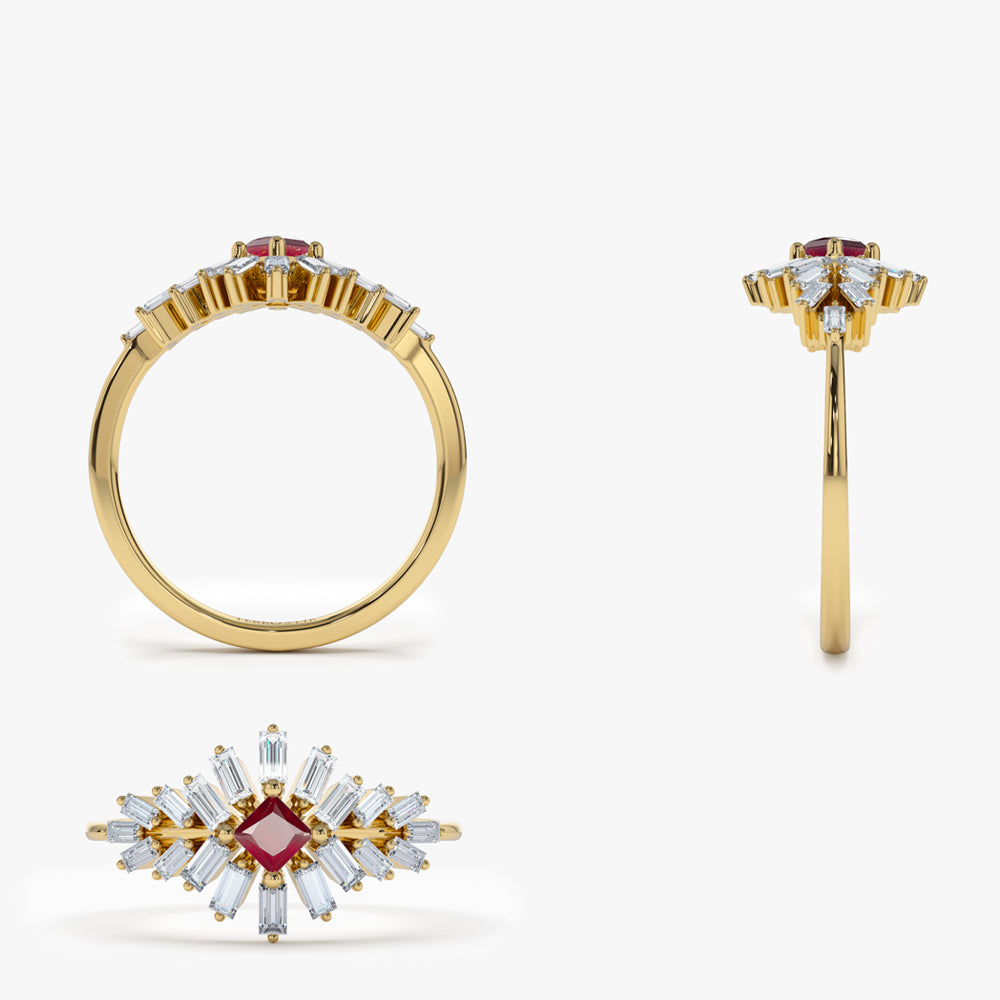 14K Baguette Diamond Ring with a Square Ruby - GeumJewels
