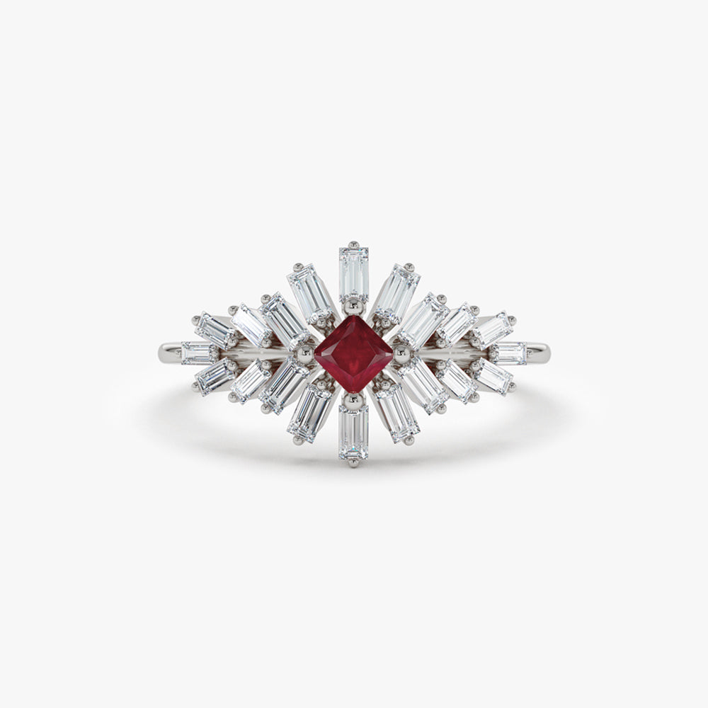 14K Baguette Diamond Ring with a Square Ruby - GeumJewels