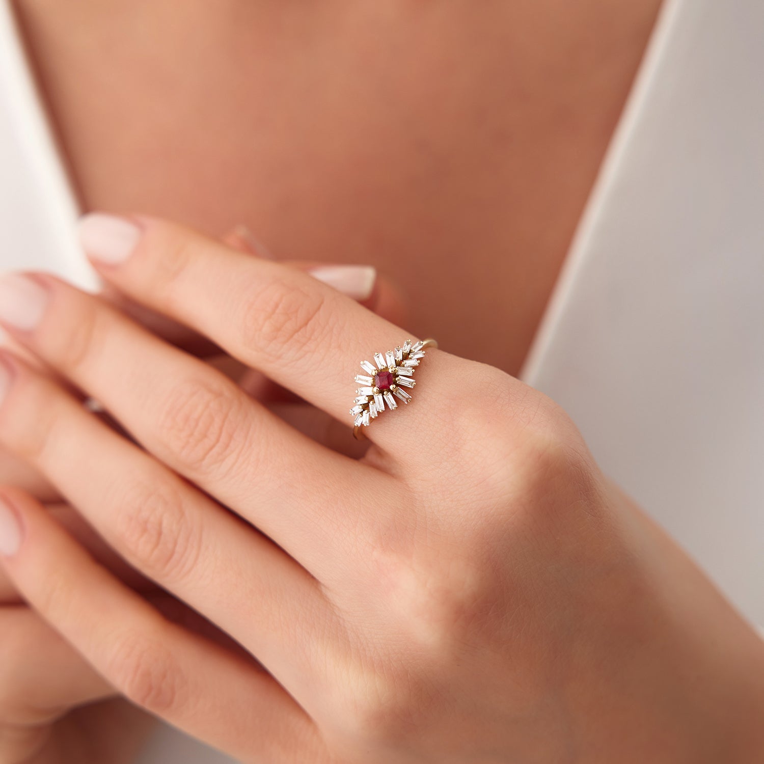 14K Baguette Diamond Ring with a Square Ruby - GeumJewels