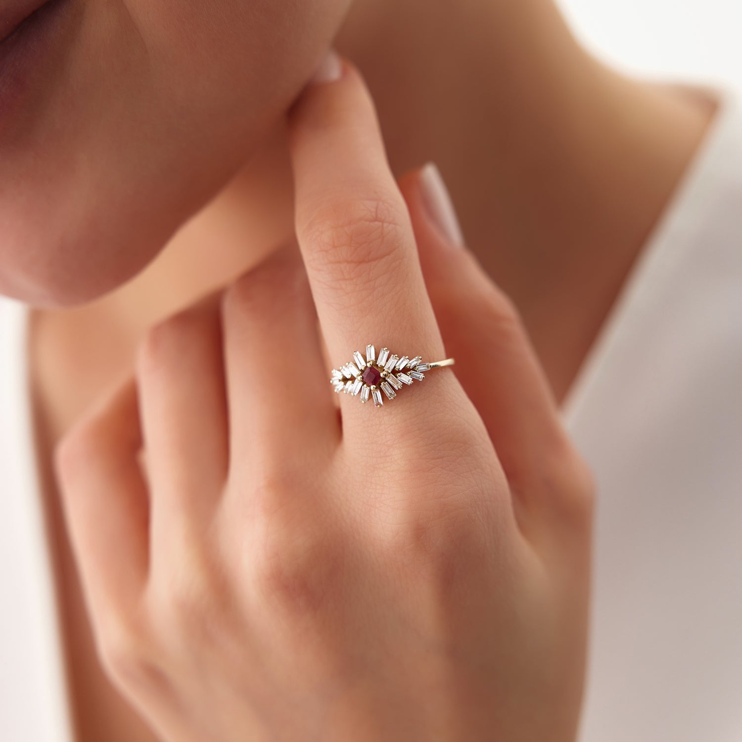 14K Baguette Diamond Ring with a Square Ruby - GeumJewels