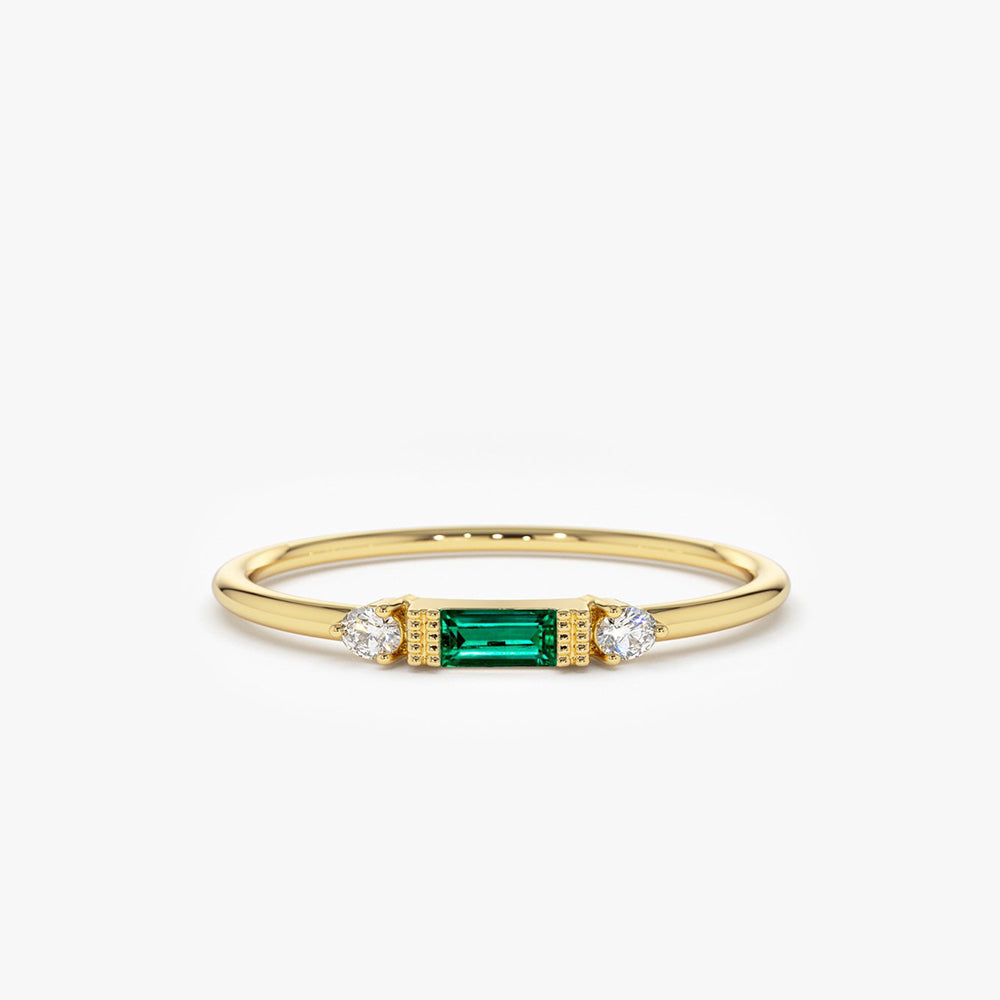14k Baguette Emerald with Diamond Ring - GeumJewels