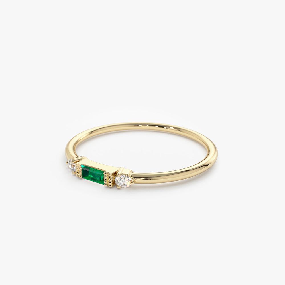 14k Baguette Emerald with Diamond Ring - GeumJewels