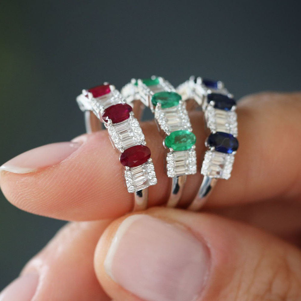 14K Baguette & Round Diamond with Genuine Ruby Ring - GeumJewels