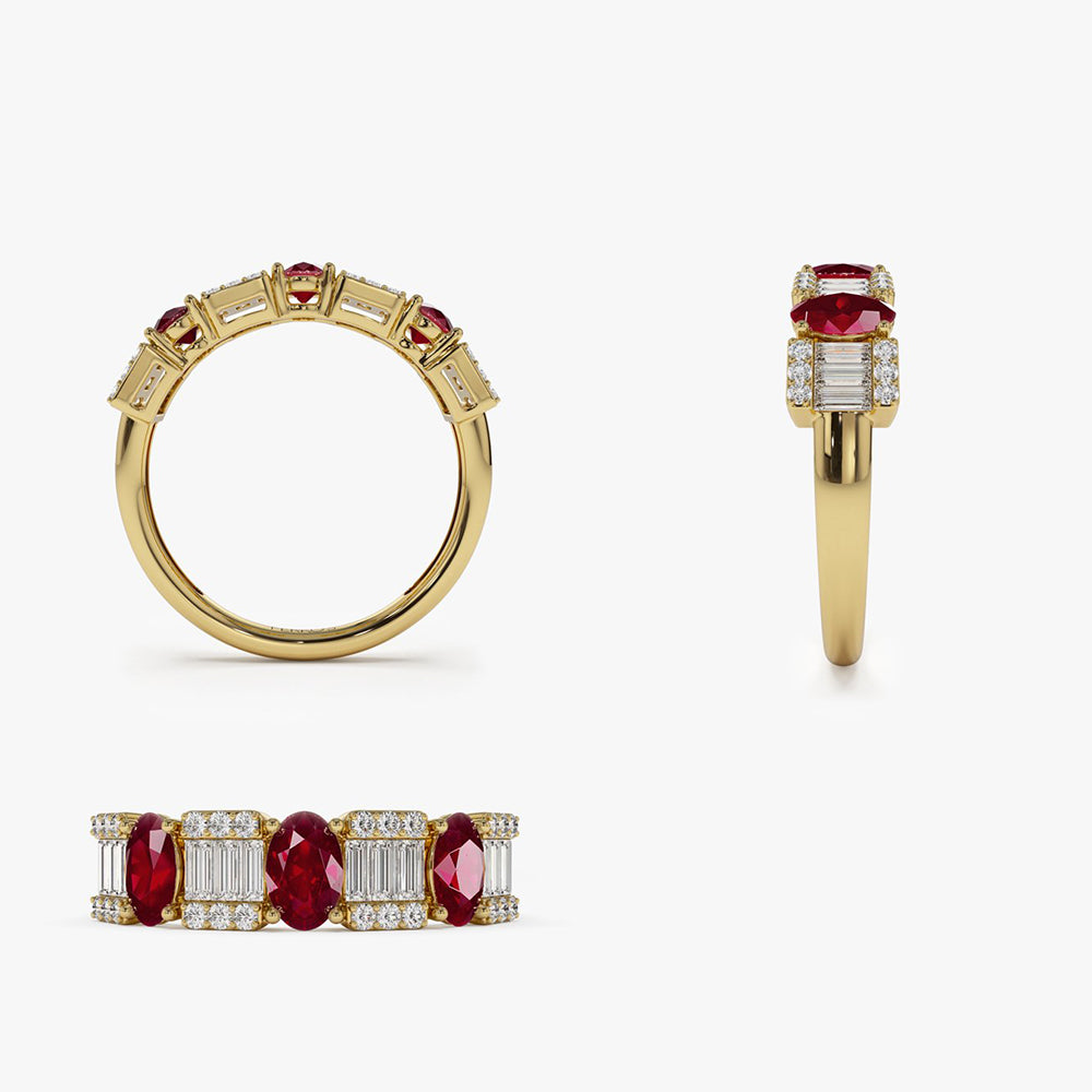14K Baguette & Round Diamond with Genuine Ruby Ring - GeumJewels