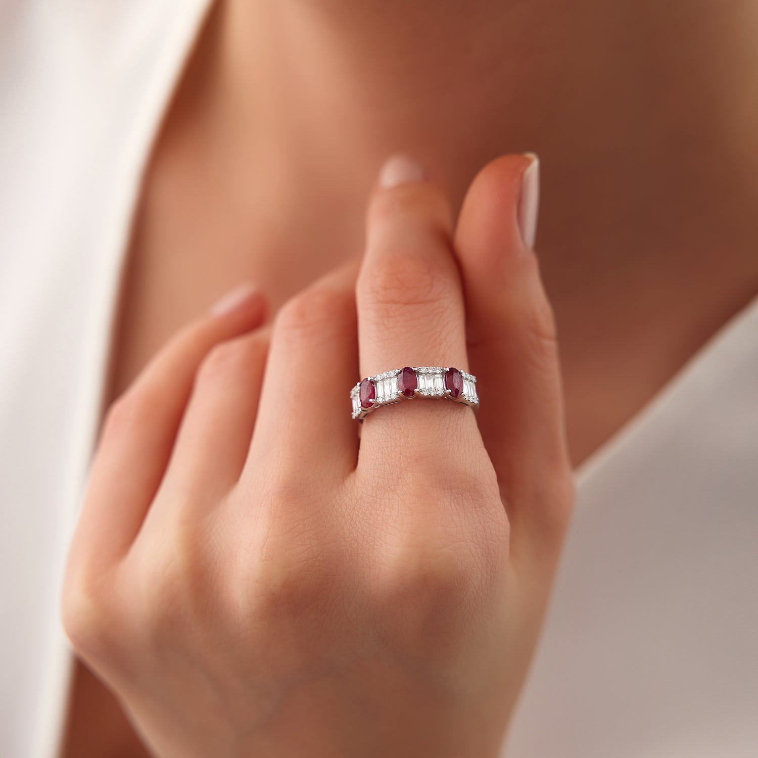 14K Baguette & Round Diamond with Genuine Ruby Ring - GeumJewels