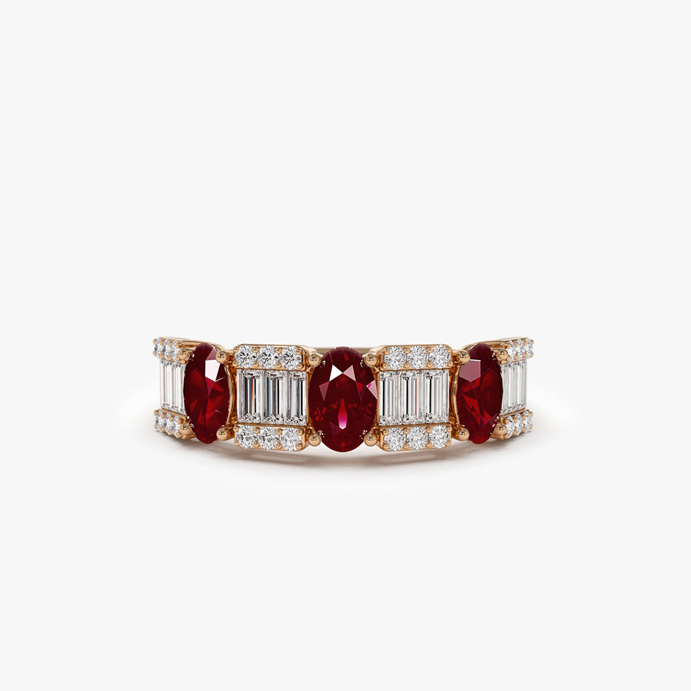 14K Baguette & Round Diamond with Genuine Ruby Ring - GeumJewels