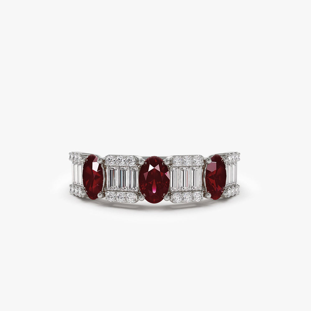14K Baguette & Round Diamond with Genuine Ruby Ring - GeumJewels