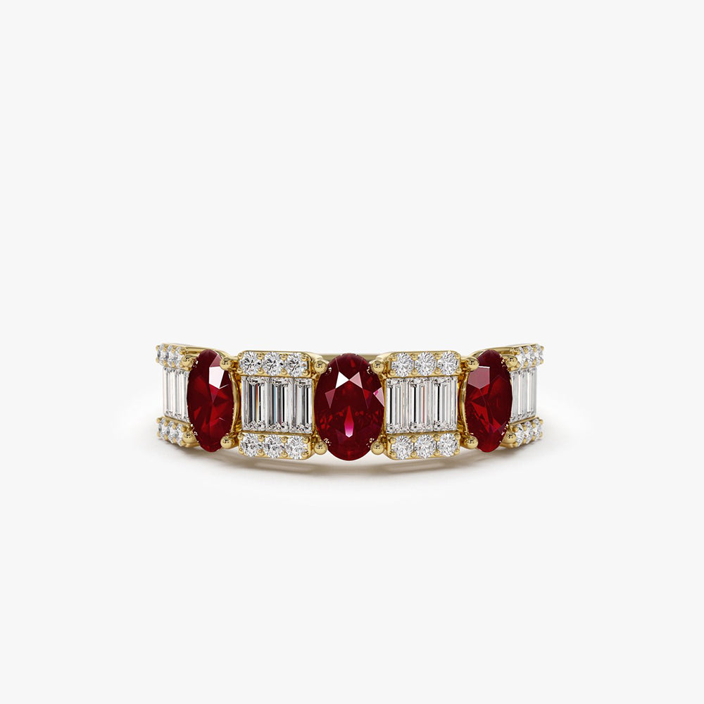 14K Baguette & Round Diamond with Genuine Ruby Ring - GeumJewels